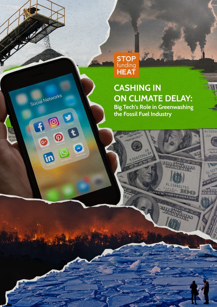 Front cover of Stop Funding Heat's new report, depicting a mobile phone with social media applications and imagery of fossil fuel burning, money and nature in danger